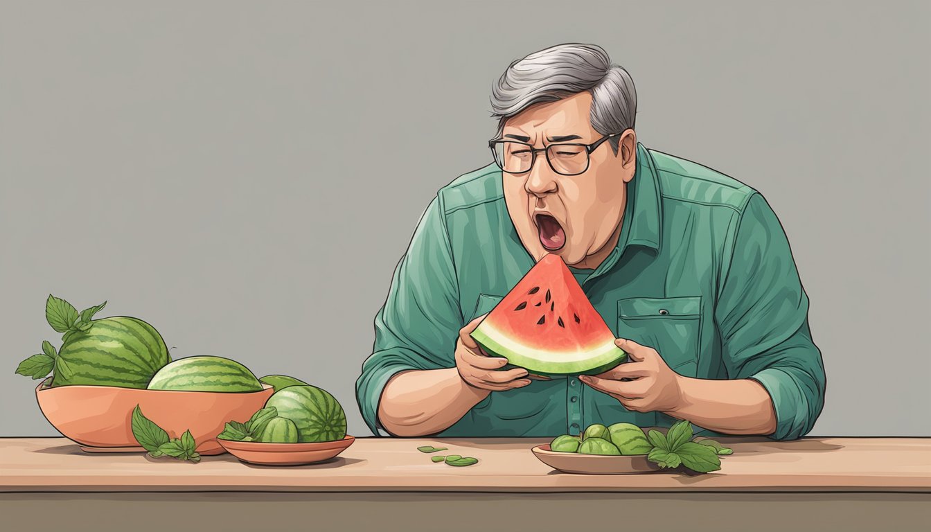 A person spitting out a piece of watermelon with a disgusted expression