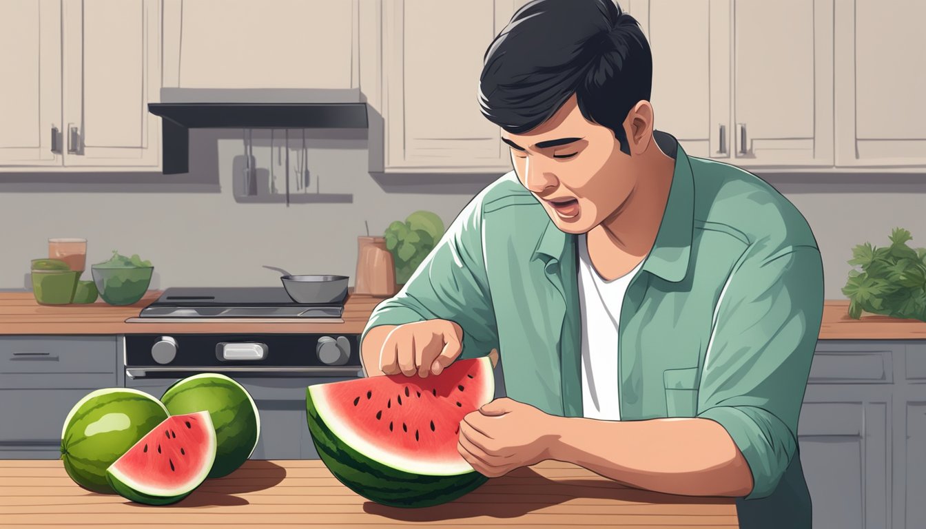 A person cutting open a watermelon and tasting it with a sour expression