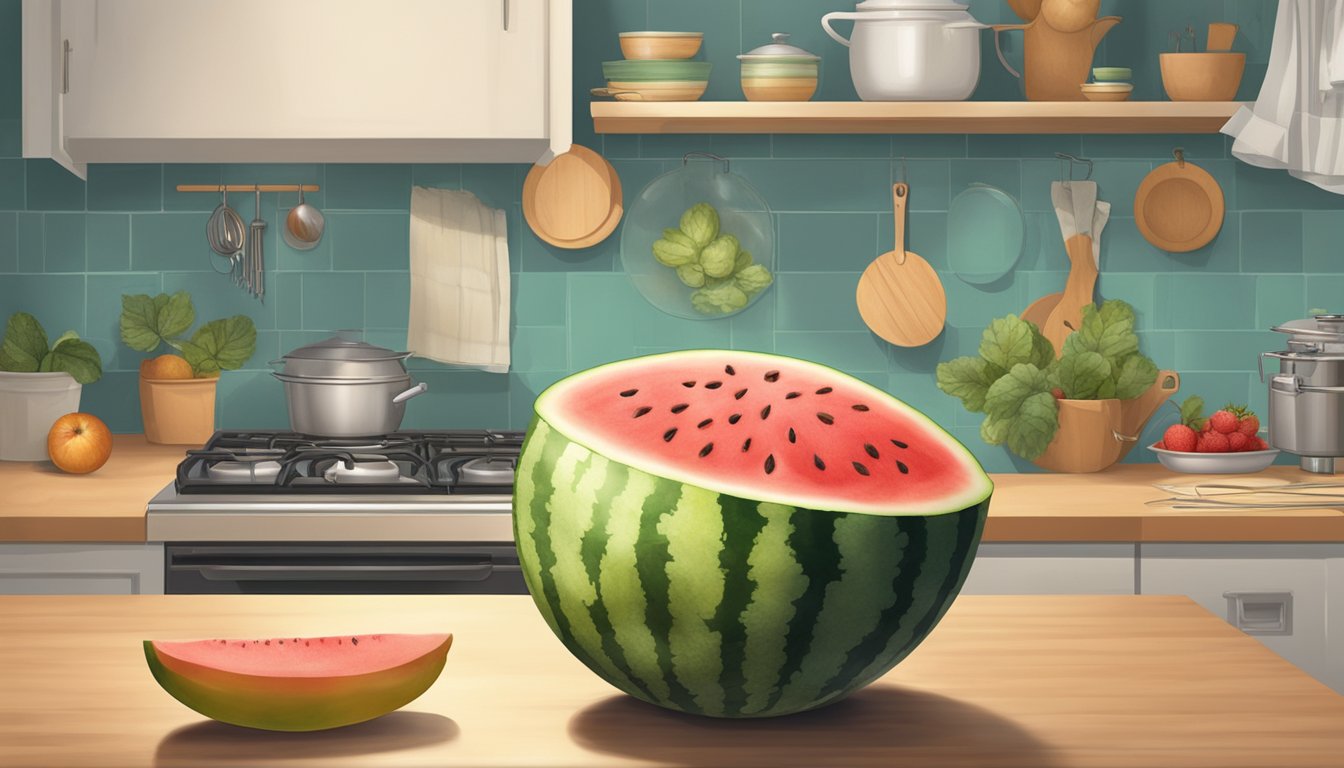 A watermelon with soft, discolored patches sits on a kitchen counter, surrounded by fruit flies