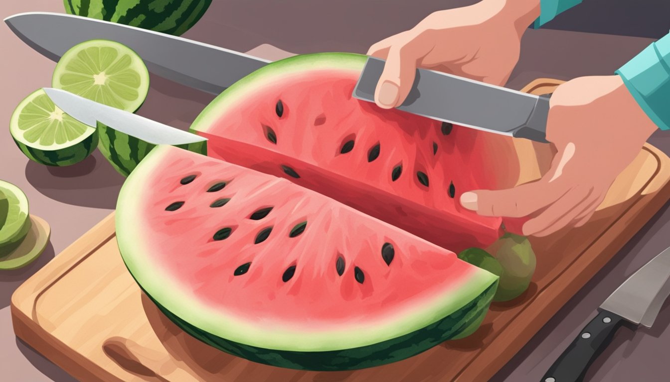 A soft watermelon being carefully cut with a clean knife on a sanitized cutting board, with a hand reaching for a protective glove