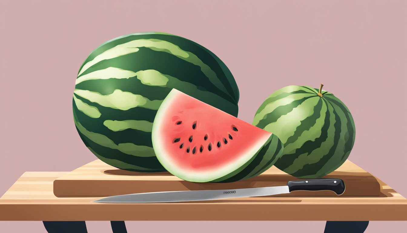 A watermelon slice sits on a cutting board, with one half firm and the other soft and juicy. A chef's knife is poised to slice through the ripe fruit