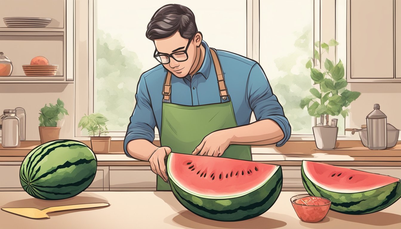 A person cutting open a watermelon and inspecting the flesh for signs of spoilage, such as discoloration or a foul odor