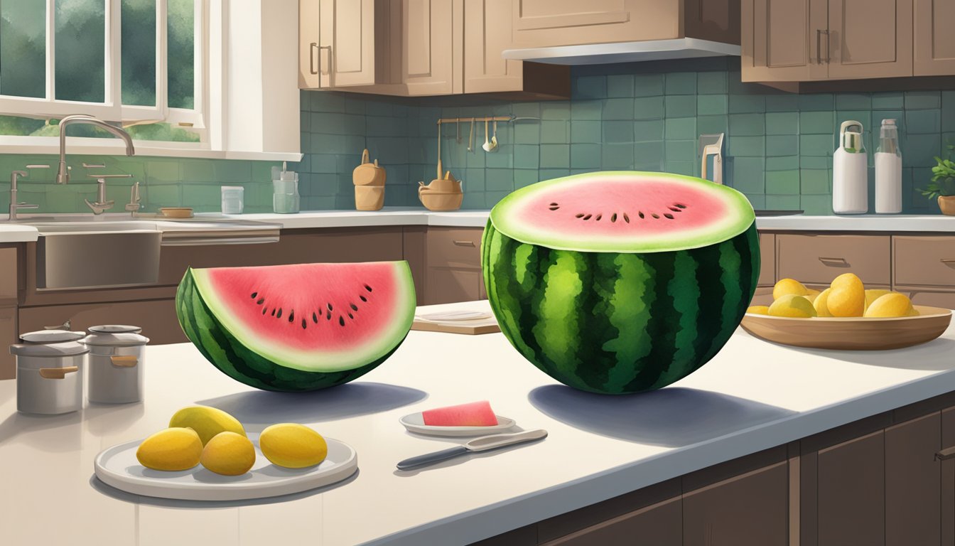 A watermelon sits on a kitchen counter, its vibrant green skin contrasting with the white and pink flesh inside. A few small patches of brown and yellow indicate that it may be past its prime