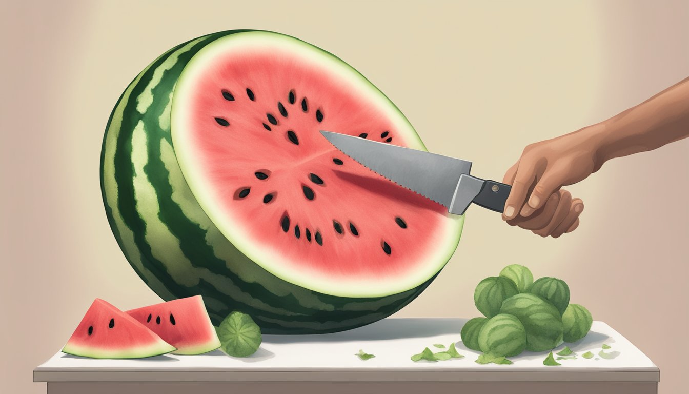 A watermelon being cut open to reveal moldy and discolored flesh