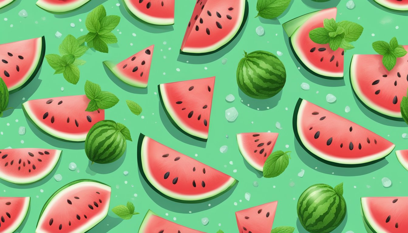 A juicy watermelon with seeds, surrounded by fresh mint leaves and sprinkled with a hint of sea salt