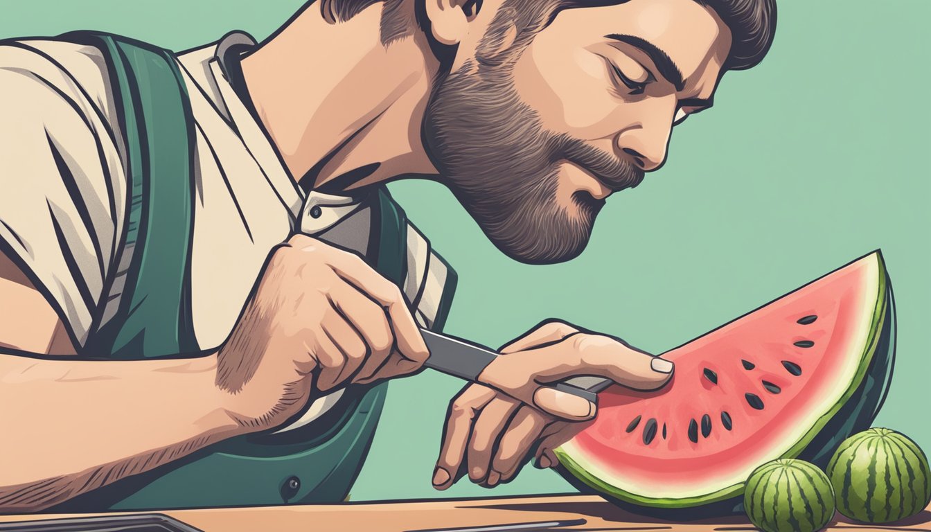 A person slicing open a watermelon, inspecting the flesh for signs of freshness