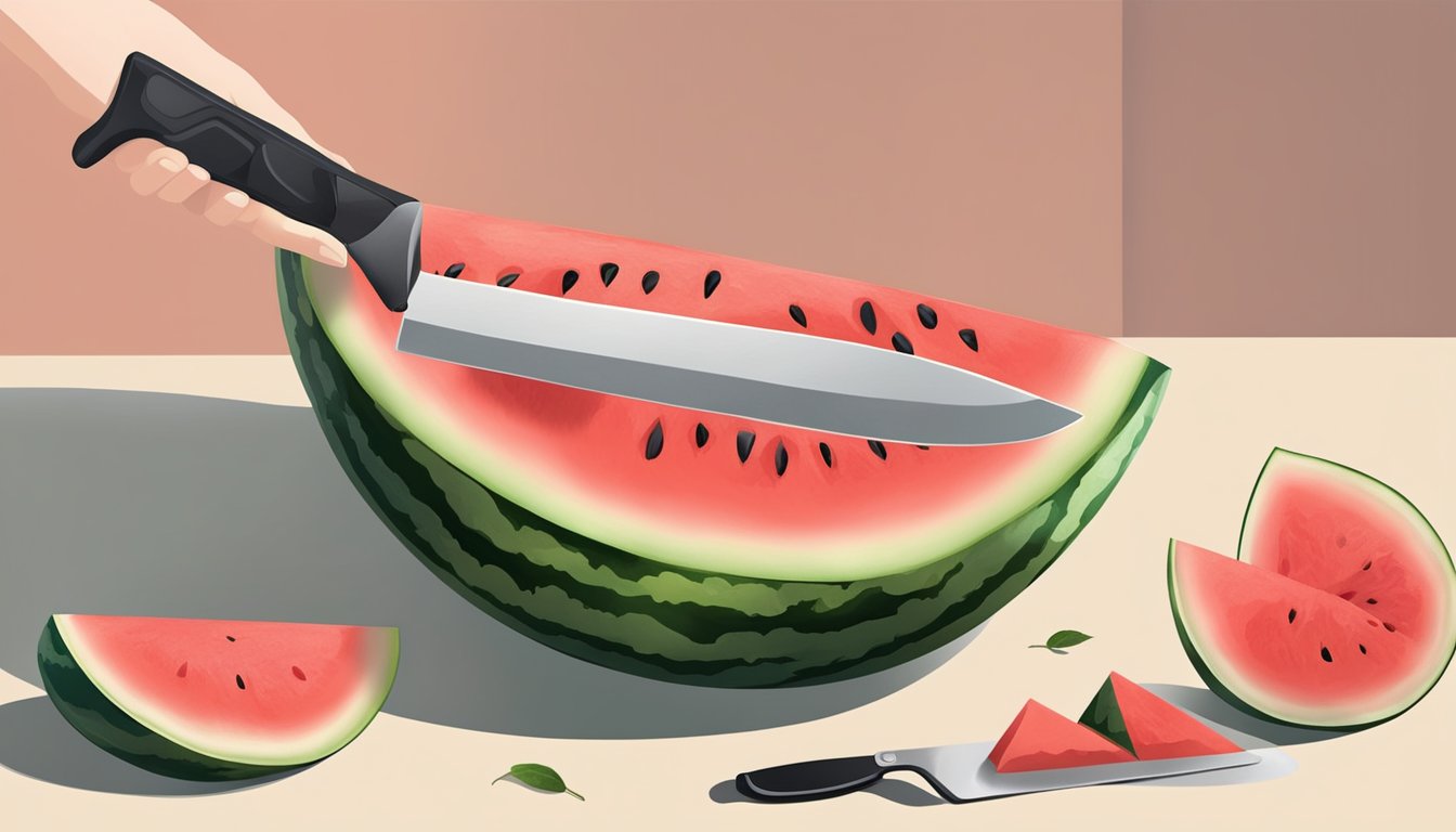 A hand reaching for a ripe watermelon, a knife slicing it open, and a container with a lid to store the cut pieces