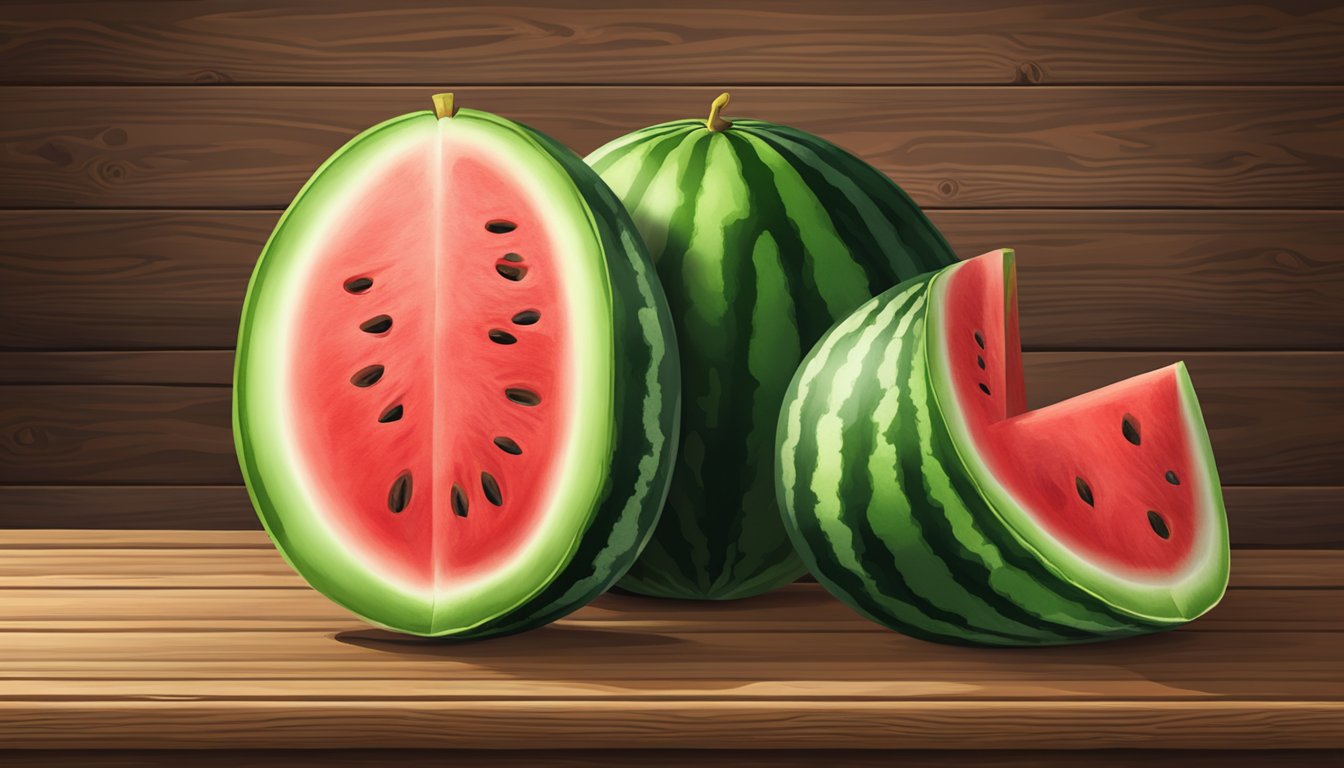 A single watermelon without stripes sits on a rustic wooden table, its vibrant green skin contrasting with the rich red flesh inside