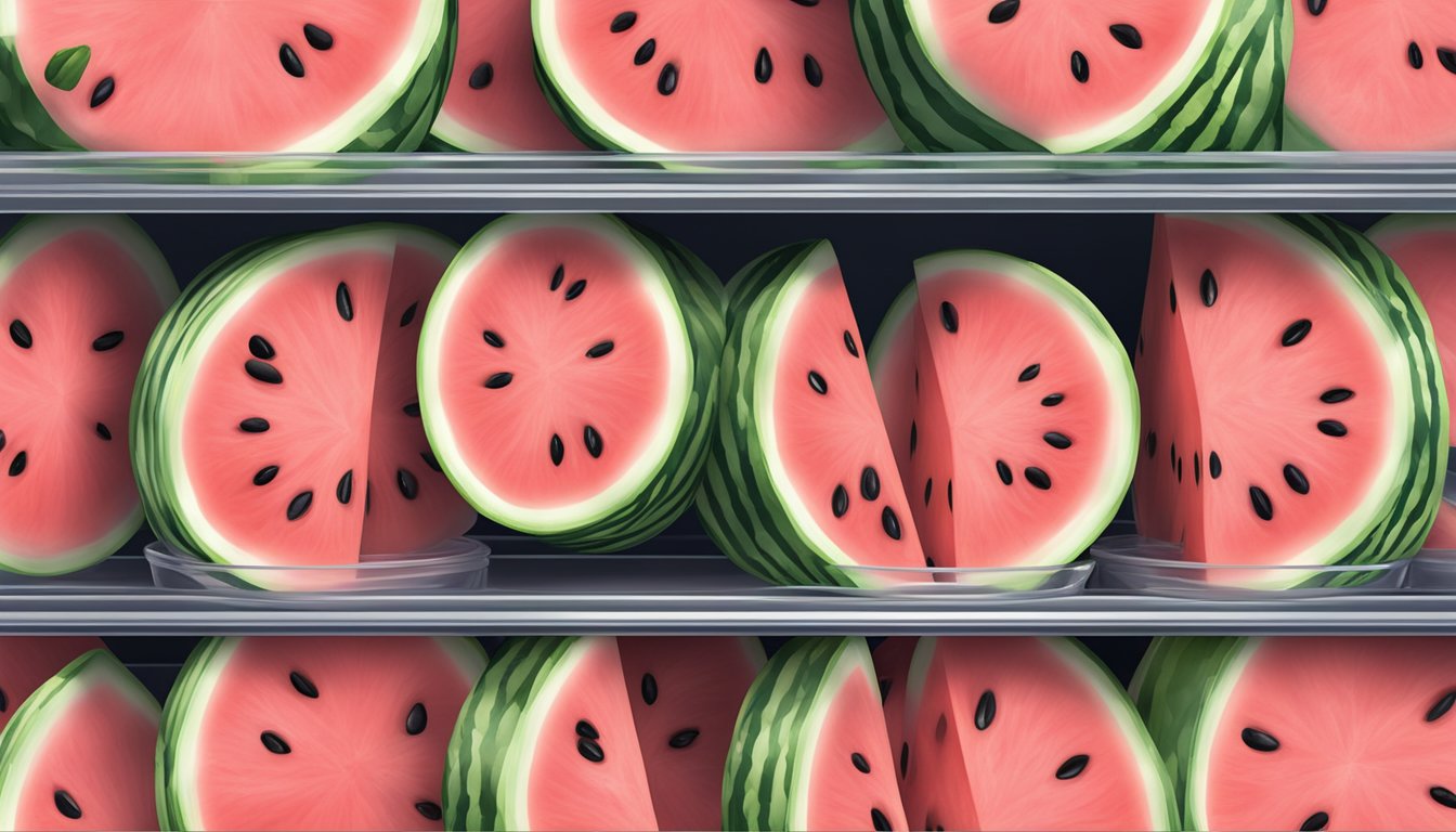 A plastic container filled with freshly cut watermelon slices, covered with a tight-fitting lid and placed in the refrigerator