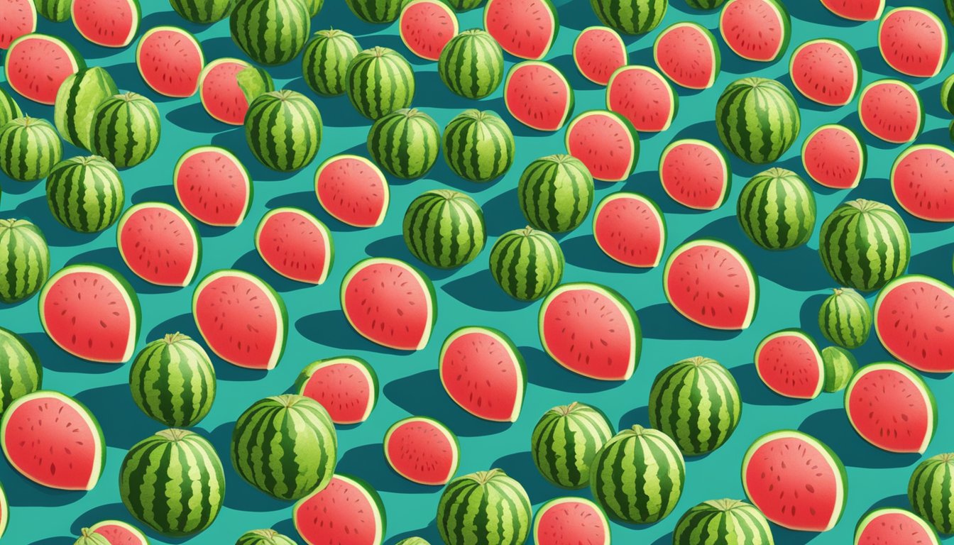 A field of ripe, stripeless watermelons ready for harvesting under a bright, sunny sky