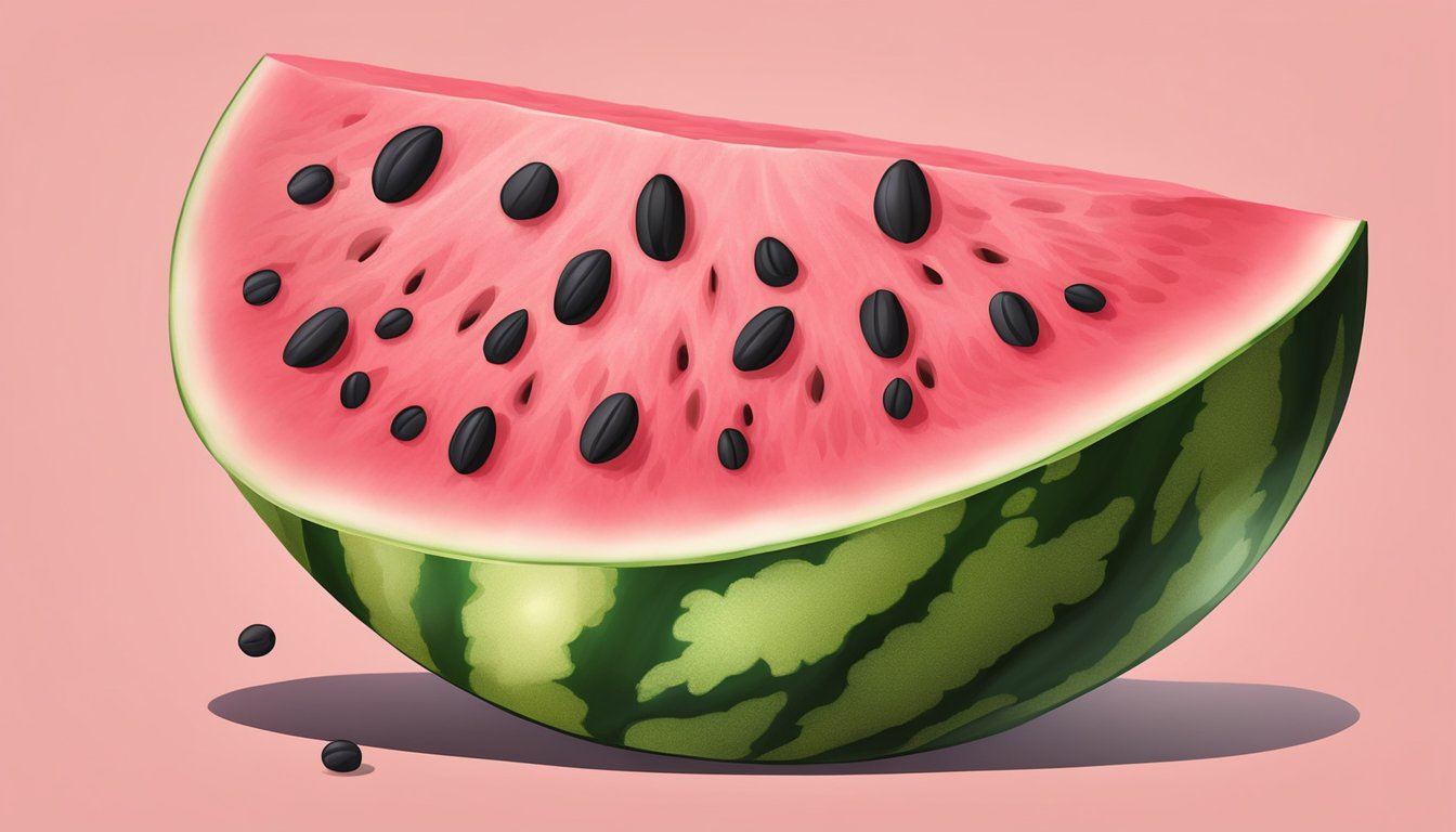 A whole watermelon without stripes, cut open to reveal its juicy pink flesh and black seeds