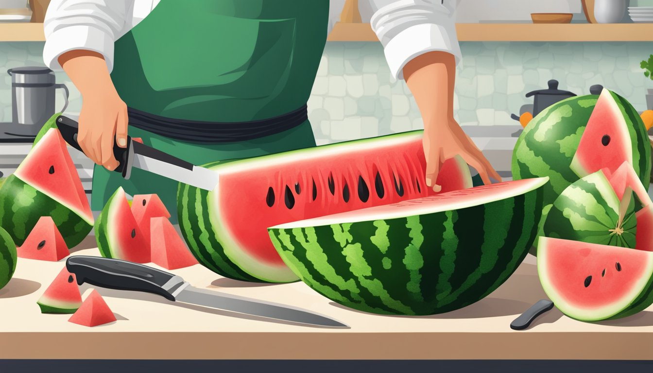 A watermelon being sliced into cubes, with a chef's knife and cutting board on a kitchen counter