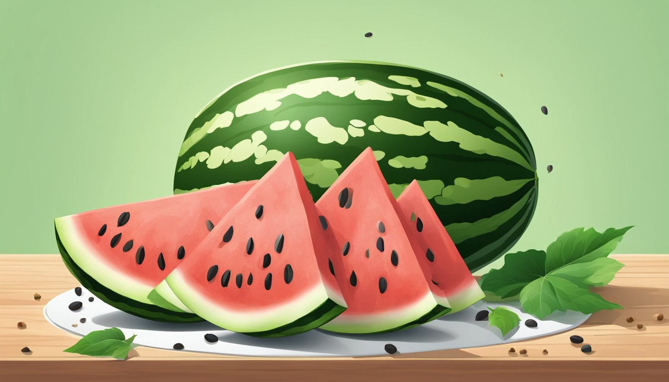 A whole watermelon without stripes sits on a wooden cutting board, surrounded by scattered seeds and a few green leaves