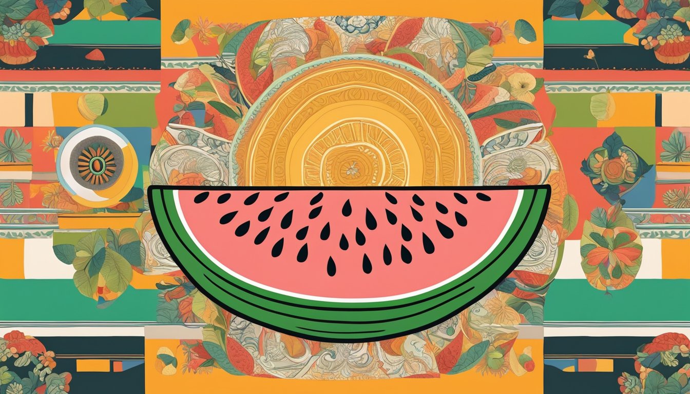 A watermelon without stripes placed on a colorful cloth, surrounded by traditional cultural objects and symbols