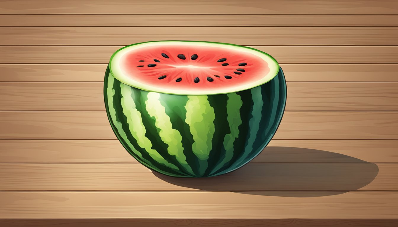 A whole watermelon without stripes on a wooden table