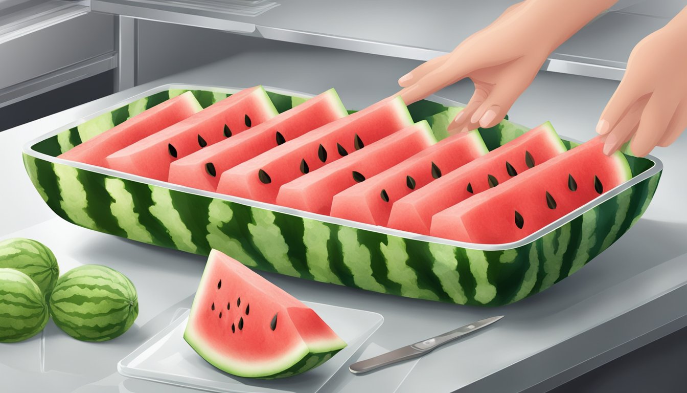 A watermelon being cut into chunks and placed on a tray, then wrapped in plastic and placed in the freezer