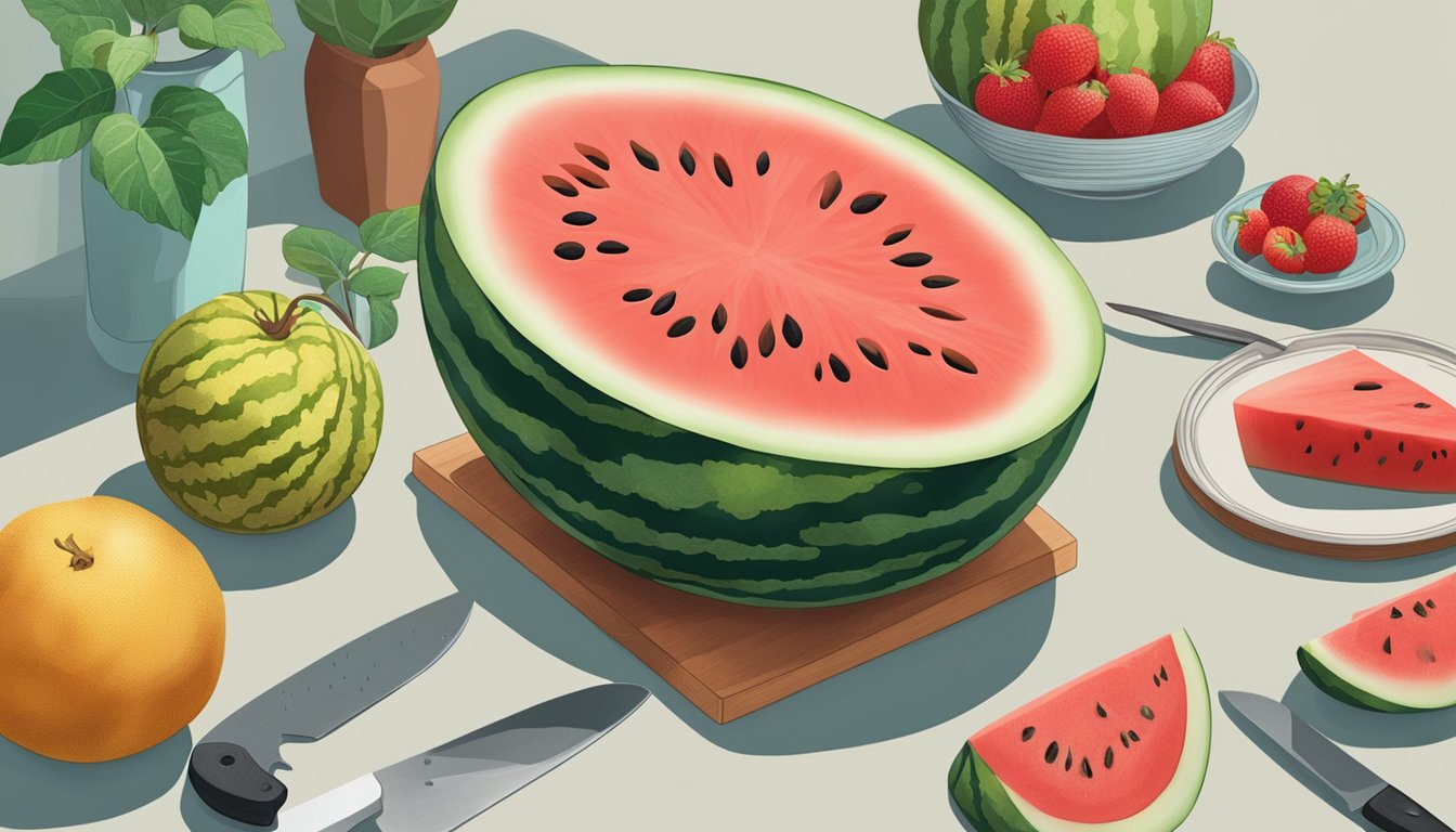 A watermelon sits on a kitchen counter, surrounded by other fruits. A hand reaches for a knife to slice it open