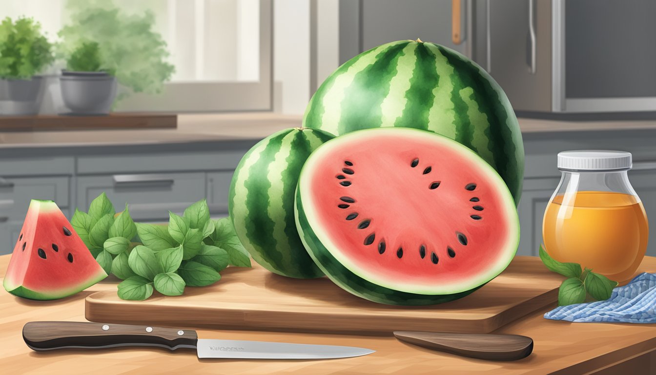 A whole watermelon sits on a clean cutting board, surrounded by a knife, plastic wrap, and a freezer-safe container