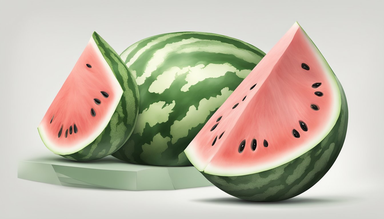 A whole watermelon sits on a white surface, lacking any color