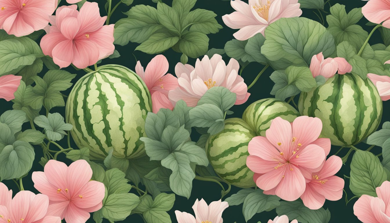 A lush watermelon vine sprawls across rich soil, with tendrils reaching out and delicate blossoms in full bloom