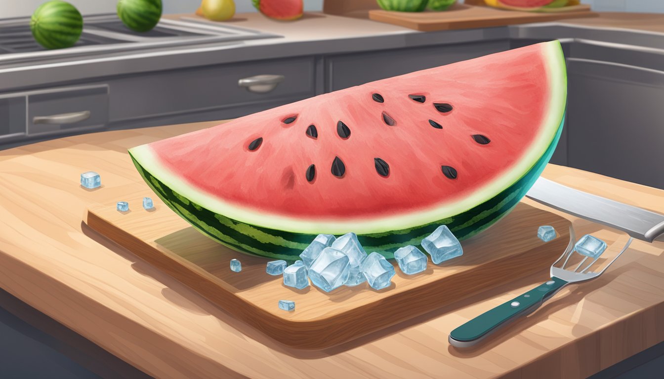 A watermelon half sits on a cutting board, surrounded by ice cubes. A freezer door is open, with a hand reaching for the fruit