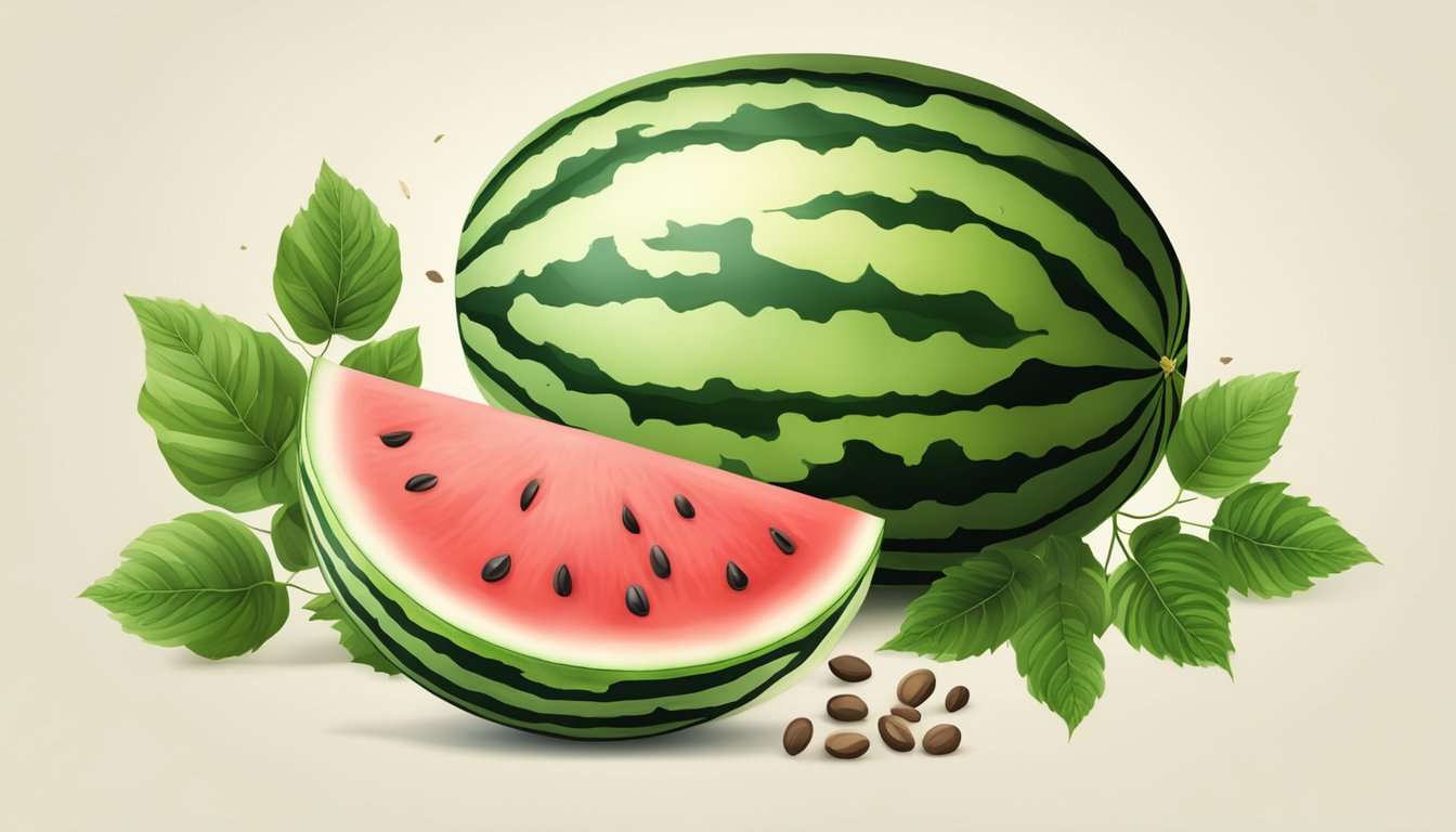 A sliced watermelon with seeds, surrounded by green leaves and vines, with a clear focus on the juicy red flesh and white rind