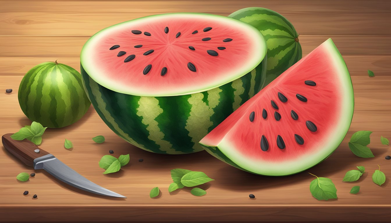 A ripe watermelon sits on a wooden cutting board with a knife beside it. A few seeds are scattered nearby. The vibrant green skin is smooth and firm, with a deep red interior