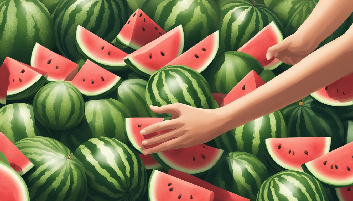 A hand reaching for a watermelon, surrounded by other watermelons in a grocery store display