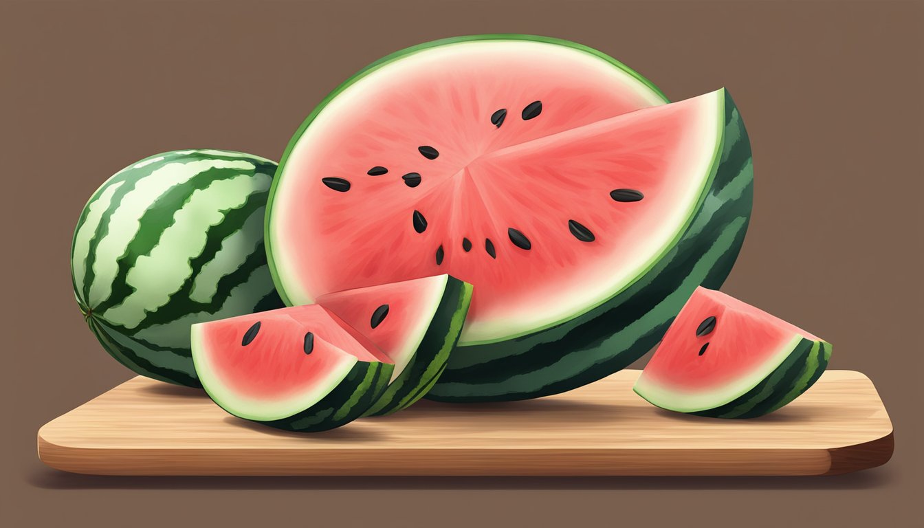 A watermelon being sliced and served on a wooden cutting board