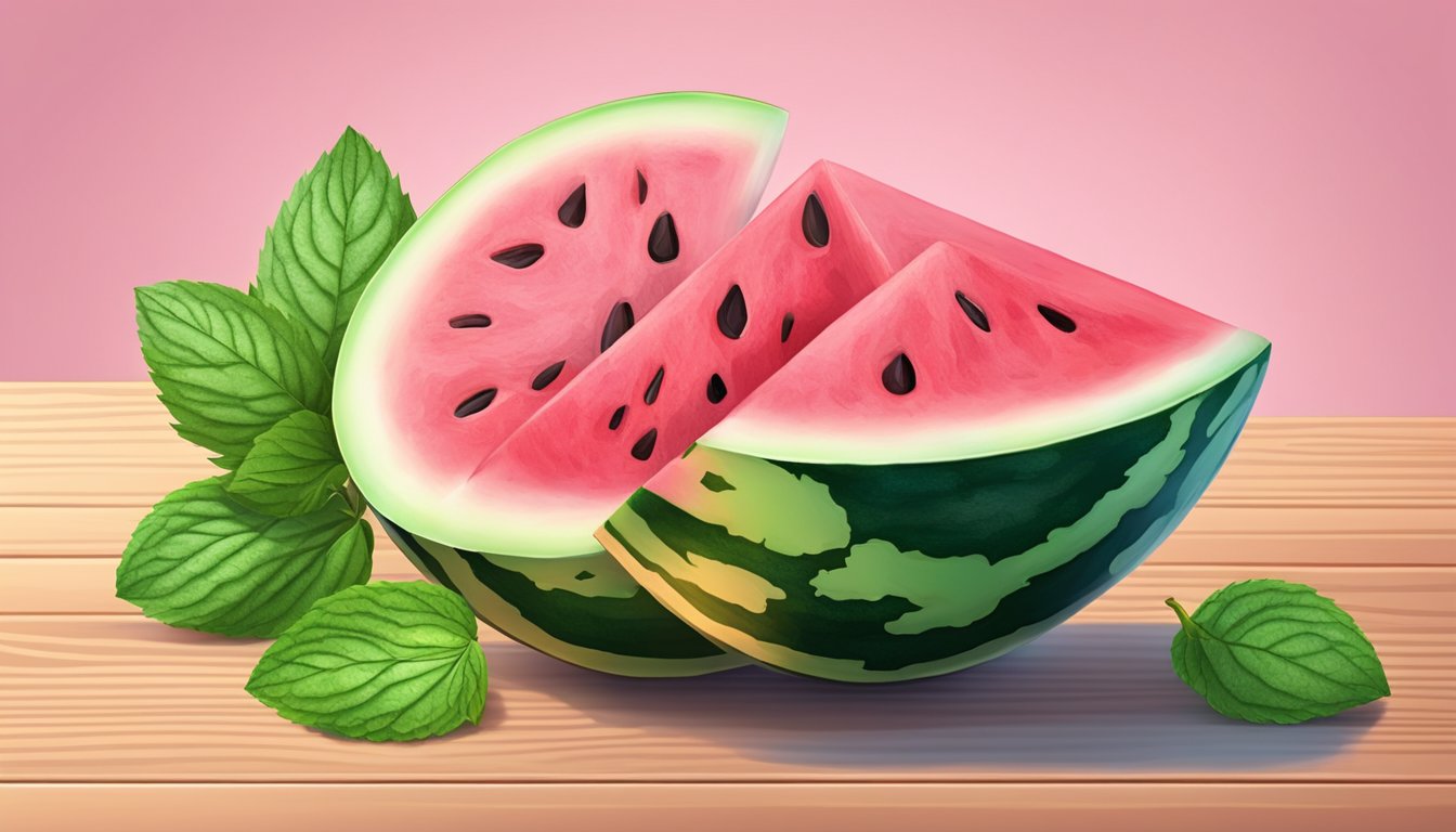 A ripe watermelon sits on a wooden table, surrounded by fresh mint leaves and a sliced wedge. The vibrant pink flesh glistens with moisture, promising a juicy and refreshing snack