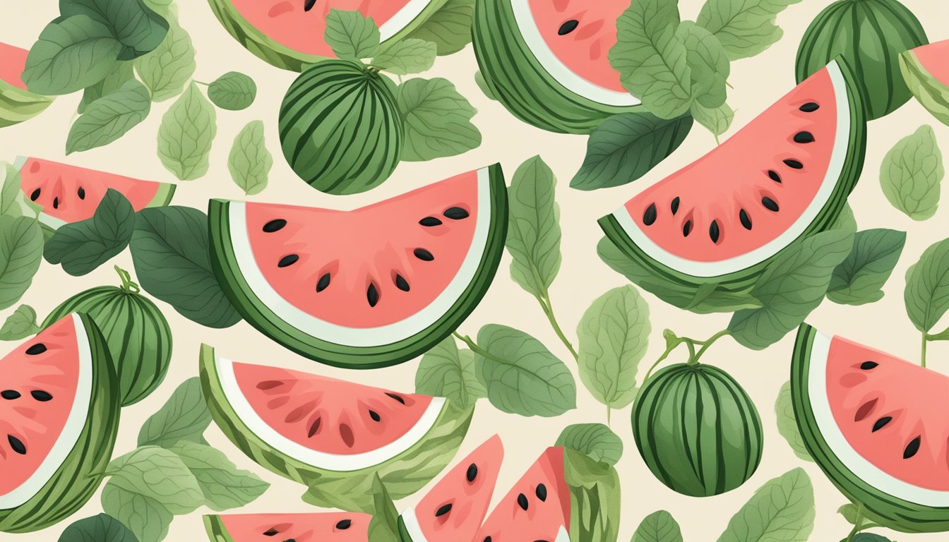 A watermelon slice surrounded by seeds and vines, set against a neutral background