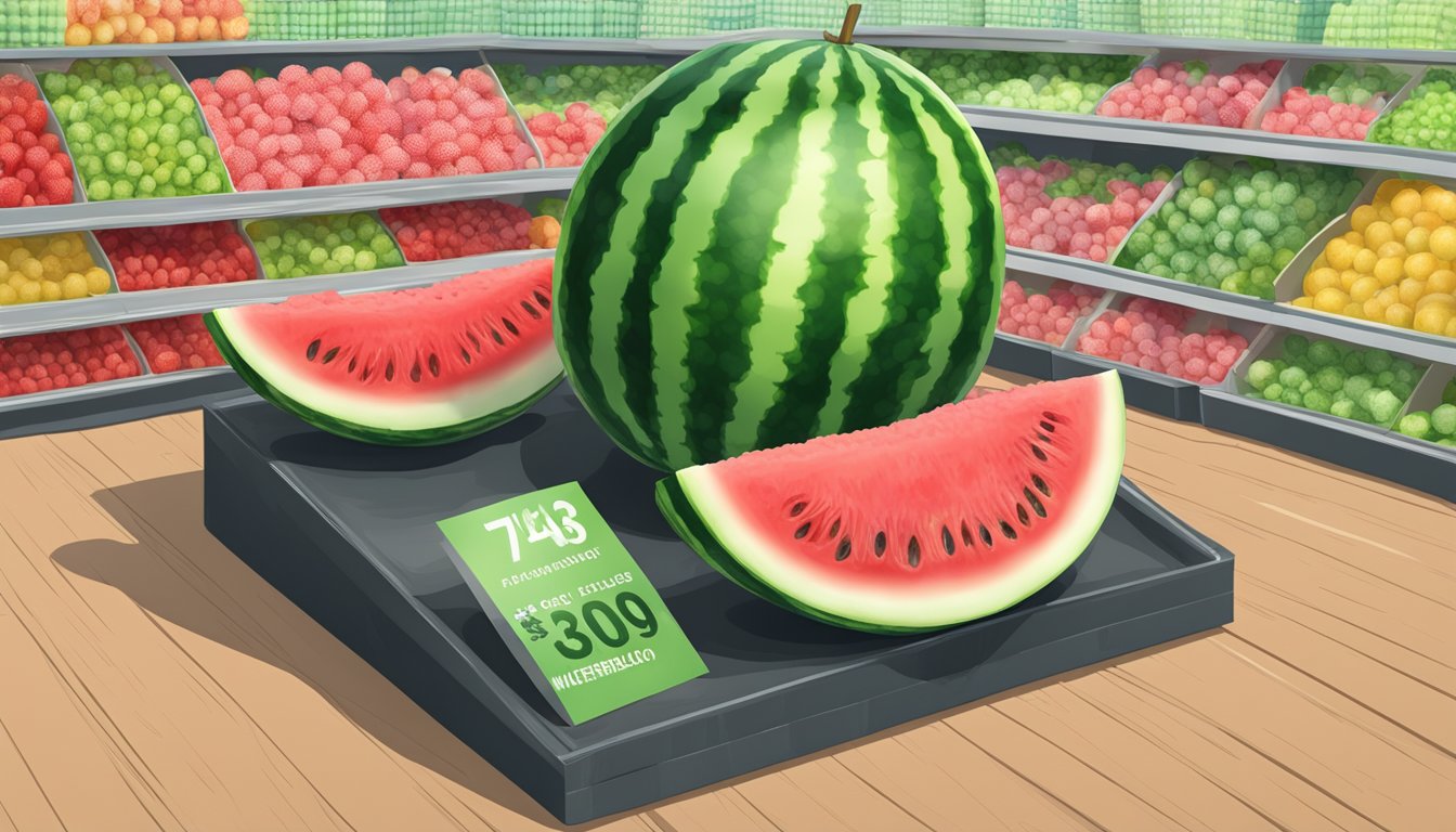 A whole seedless watermelon on a market display with a price tag