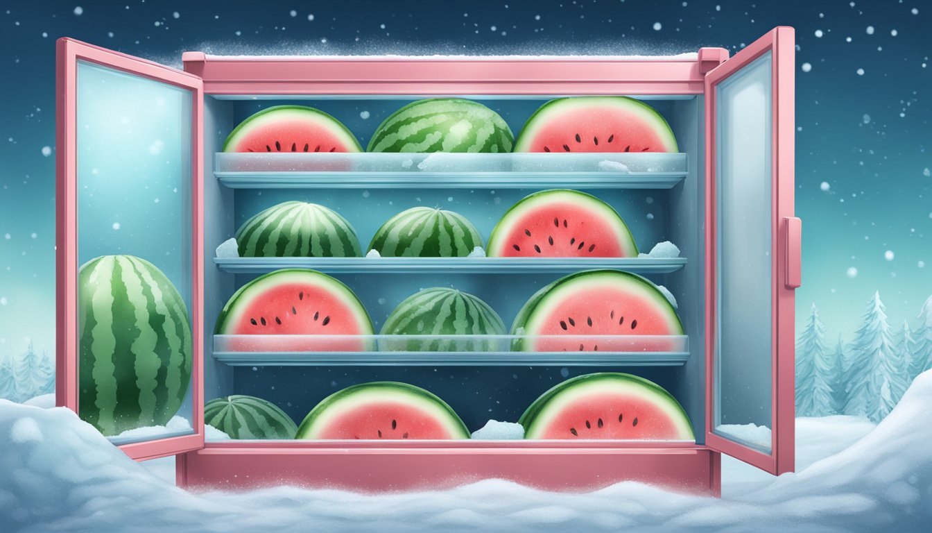 A watermelon sits on a shelf, surrounded by ice crystals and frost. The freezer door is open, with cold air billowing out