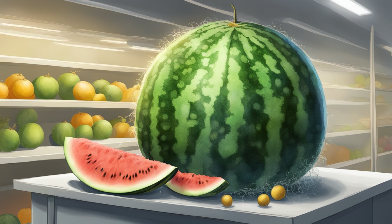 A moldy and rotting watermelon sits on a shelf, surrounded by fruit flies and emitting a foul odor