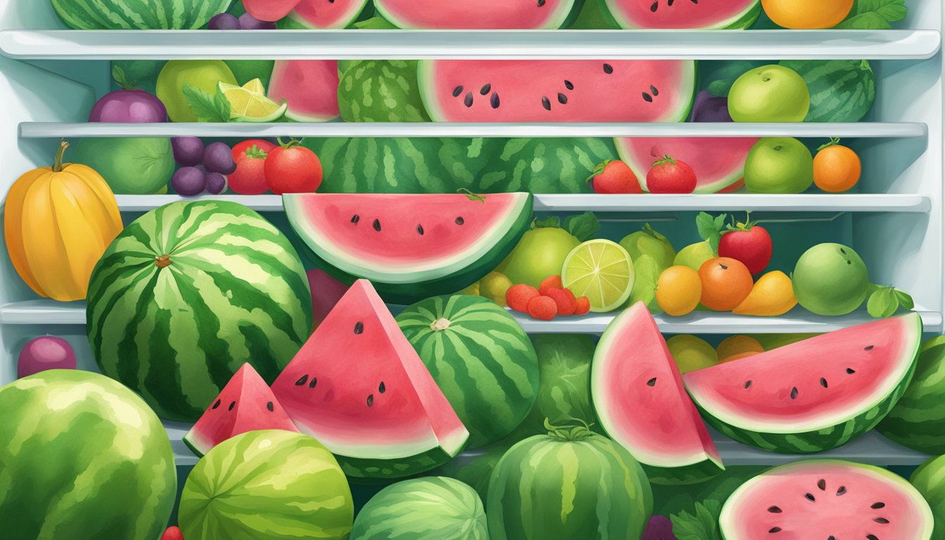 A watermelon sits on a refrigerator shelf, surrounded by other fruits and vegetables. Its vibrant green and pink colors contrast against the cool, white interior of the fridge