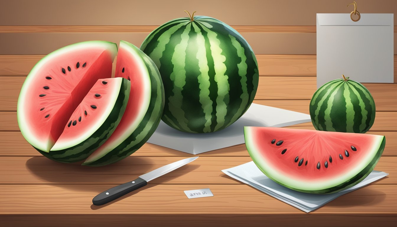 A watermelon with no seeds, cut in half, displayed on a wooden table with a price tag next to it