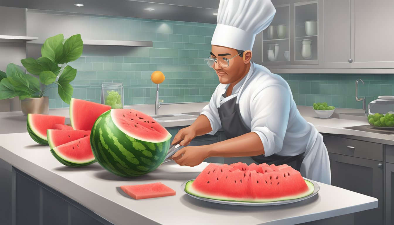 A chef slicing seedless watermelon for a fruit salad