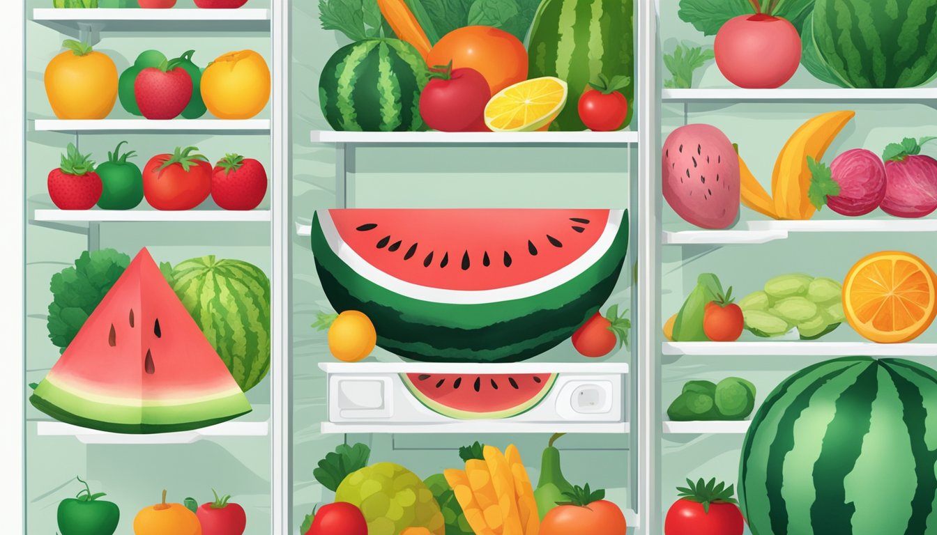 A watermelon sits on a fridge shelf, surrounded by vibrant fruits and vegetables. The bright red and green colors contrast against the cool, white interior