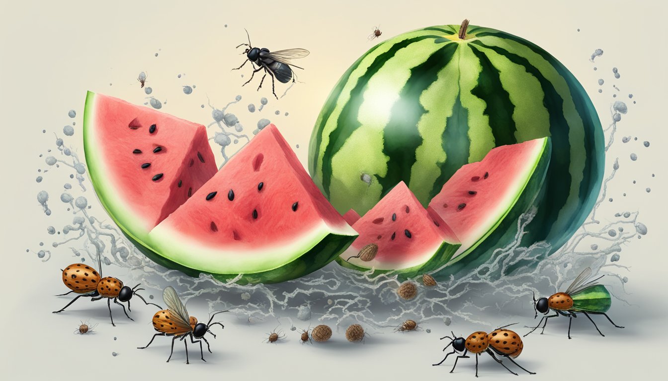 A watermelon split open, oozing juice and seeds, surrounded by flies and ants