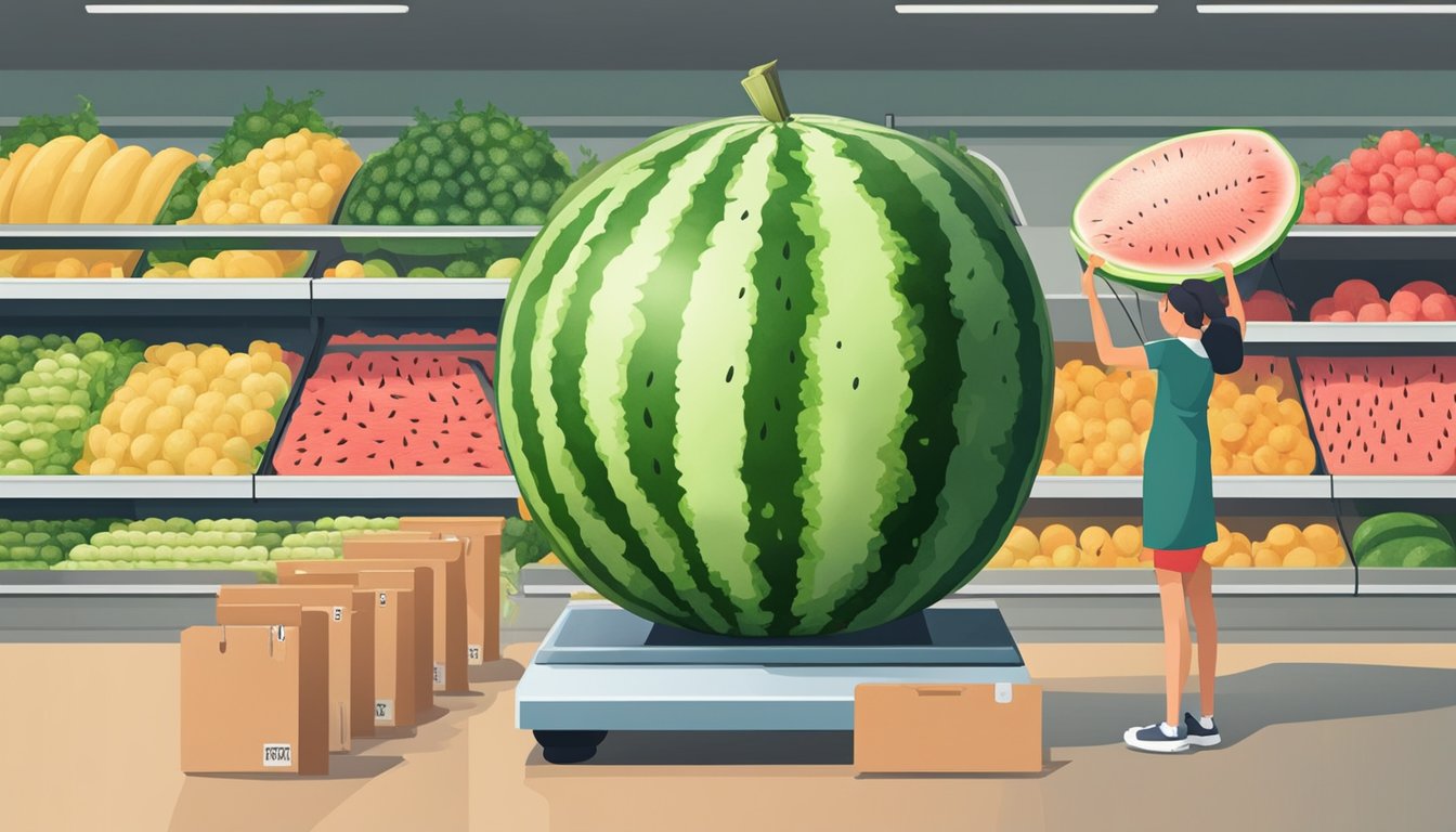 A watermelon with no seeds sits on a scale next to a price tag. Customers reach for it in a grocery store