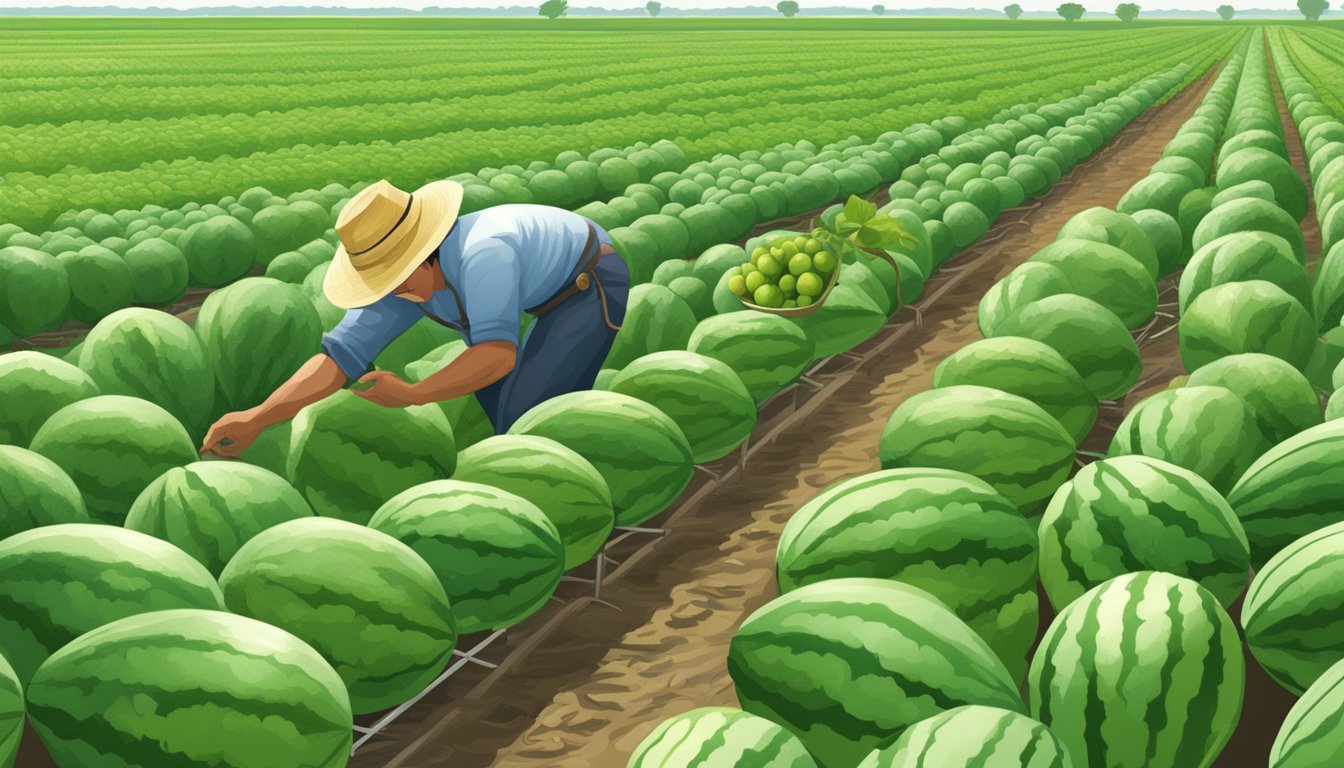 A farmer tending to a field of seedless watermelons, with irrigation systems in the background and a price tag displayed nearby