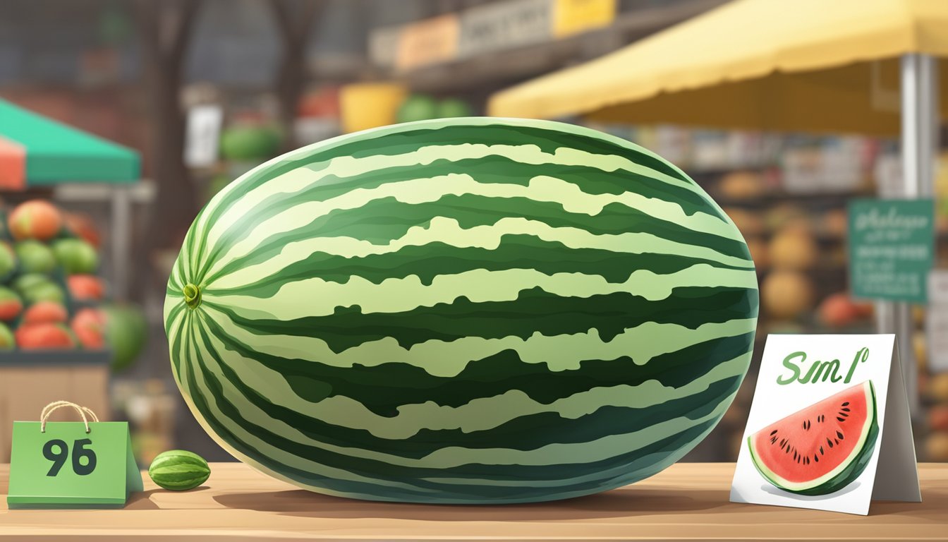 A watermelon with no seeds displayed next to a price tag on a market stand