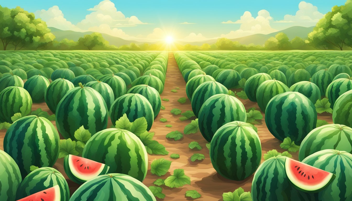 A field of ripe watermelons under the warm sun, surrounded by lush green vines and clear blue skies