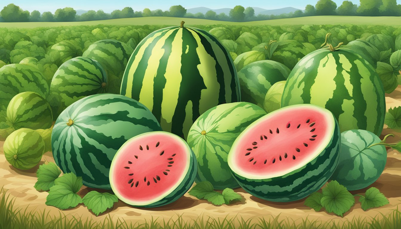 A variety of watermelons in a field, including traditional, seedless, and yellow-fleshed types. Vines are lush and green, indicating peak season