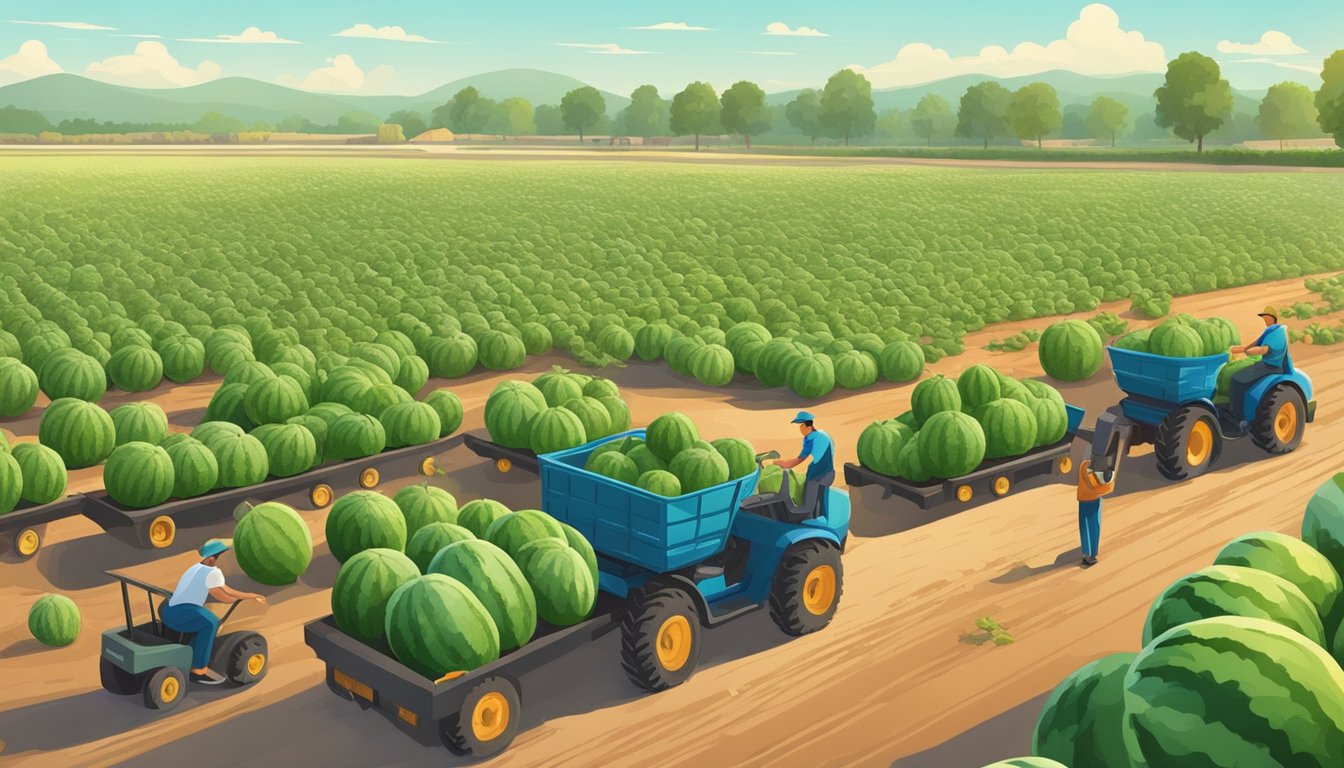 A field of ripe watermelons ready for harvest, with workers gathering and loading them onto trucks for distribution