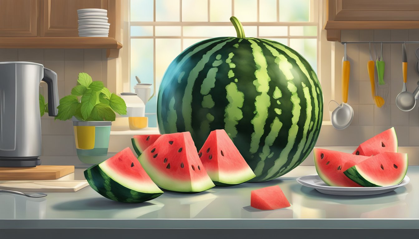 A watermelon sits on a kitchen counter, emitting a sweet, ripe aroma