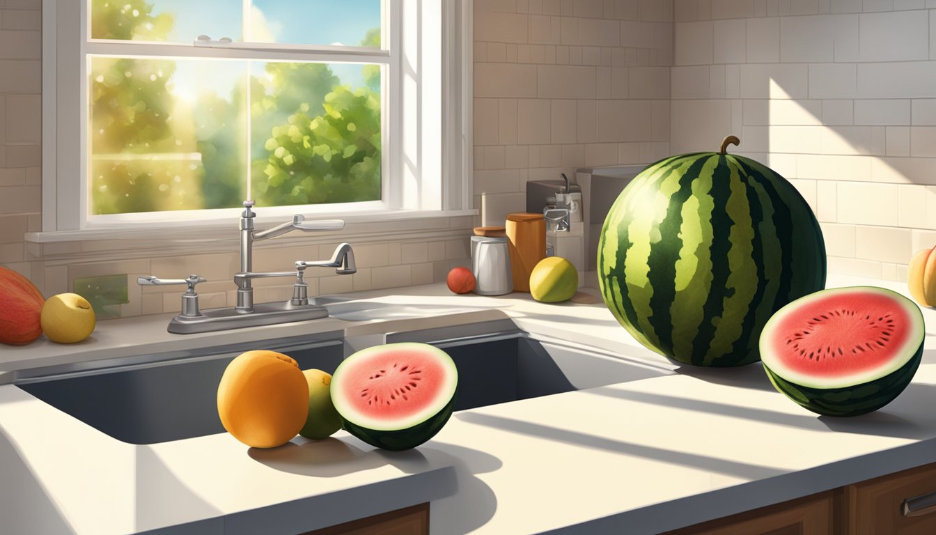 A watermelon sits on a kitchen counter, surrounded by other fruits. The sun streams in through a nearby window, casting a warm glow on the ripe, juicy fruit