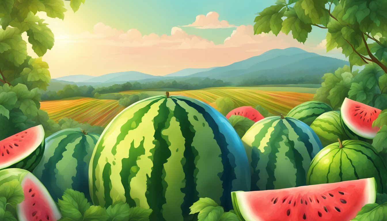 A vibrant watermelon patch with ripe fruit and a backdrop of a summer landscape