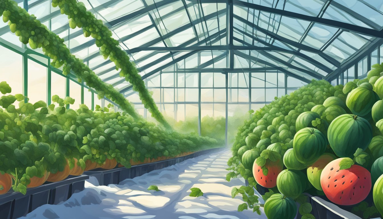 Vines sprawl across a greenhouse, bearing ripe watermelons despite being off-season. The vibrant green fruit contrasts with the snowy landscape outside