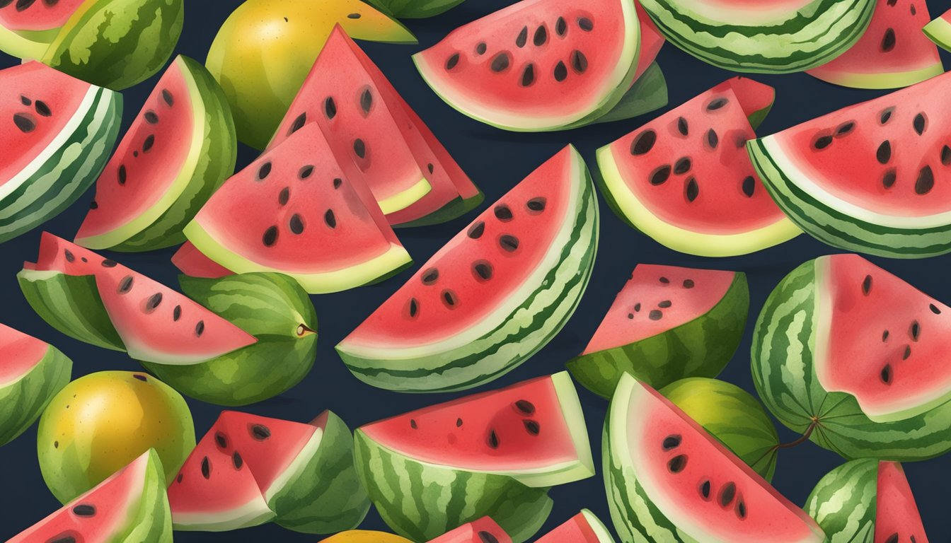 A sliced watermelon with mold and discoloration, surrounded by fruit flies